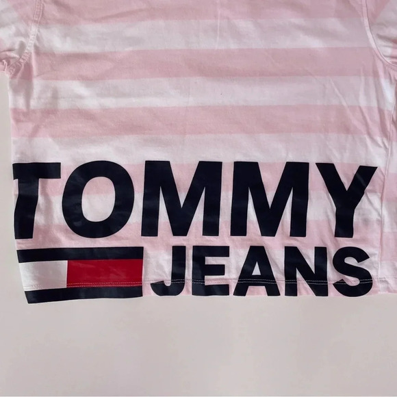 Tommy Hilfiger Cropped Striped Tee Top Shirt Pink White Stripes Shirt - Picture 5 of 7